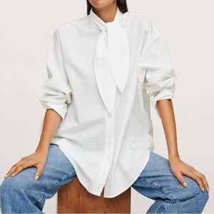 Mango Bow Neck Button down Shirt.  White.  Size 4.